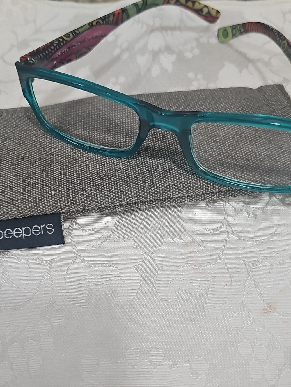 Peepers Teal Rectangular  Reading Glasses with Patterned Temples 2.0 correction